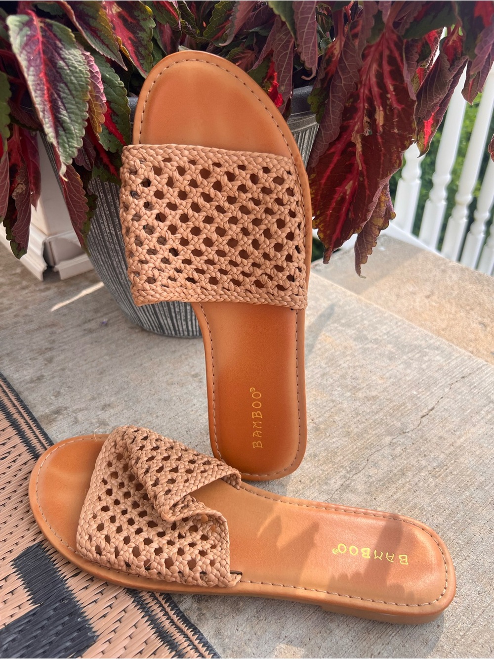 BAMBOO Woven Slide Sandals in Tan
